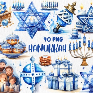 Watercolor Hanukkah Clipart | Menorah, Dreidel, Hanukkah Candles, Star of David Illustrations | Instant Download for Commercial Use