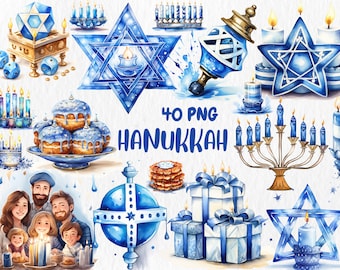 Watercolor Hanukkah Clipart: Menorah, Dreidel, Star of David (Instant Download)