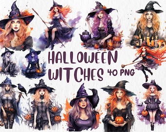 Watercolor Halloween Witches Clipart: Spooky Witch Illustrations (Instant Download)