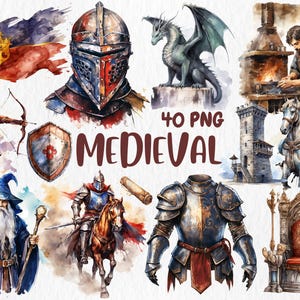 Watercolor Medieval Clipart: Knight, Dragon, Castle Illustrations (Instant Download)