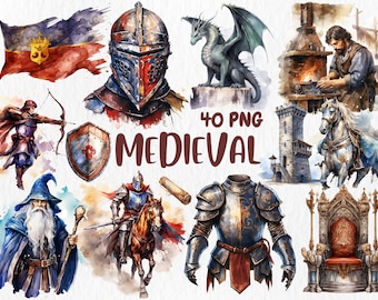 Watercolor Medieval Clipart: Knight, Dragon, Castle Illustrations (Instant Download)