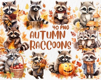 Watercolor Autumn Raccoon Clipart: 40 Fall Animal Designs (Digital Download)