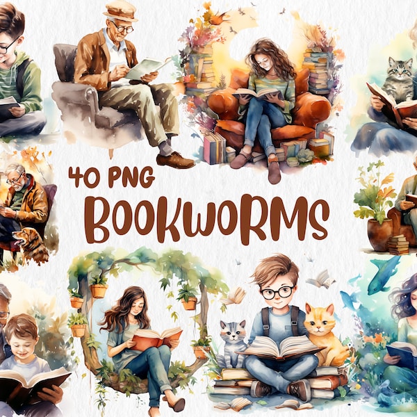 Watercolor Bookworms Clipart | Painted Bookworm Clipart | Bookworm, Book Illustrations, 40 PNG Graphics, Instant Download for Commercial Use