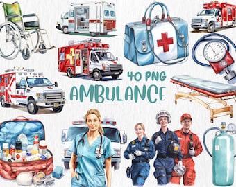 Aquarell Krankenwagen Clipart: Medizinische Illustrationen (PNG, digitaler Download)