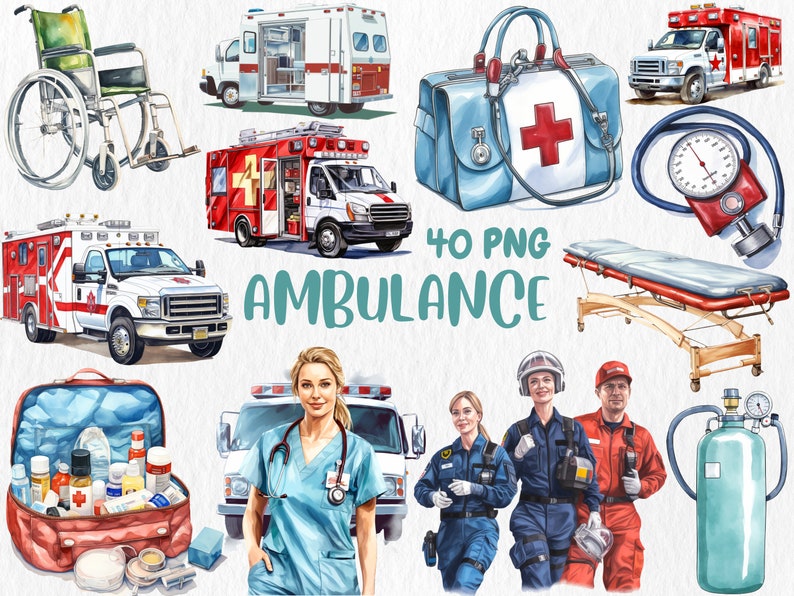 Watercolor Ambulance Clipart | Nurse, Doctor, Medicine, Paramedic, Ambulance Truck Illustrations | Instant Download for Commercial Use