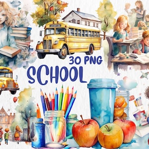 Aquarell Schule Clipart | Gemalt Back to School Clipart, Back to School Illustrationen | PNG Grafiken, sofortiger Download für kommerzielle Nutzung