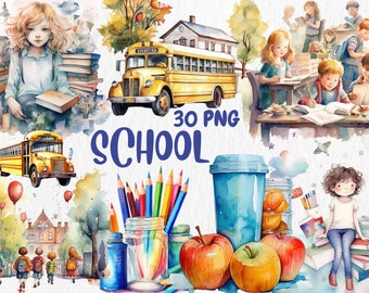 Watercolor School Clipart | Painted Back to School Clipart, Back to School Illustrations | PNG Graphics, Instant Download for Commercial Use