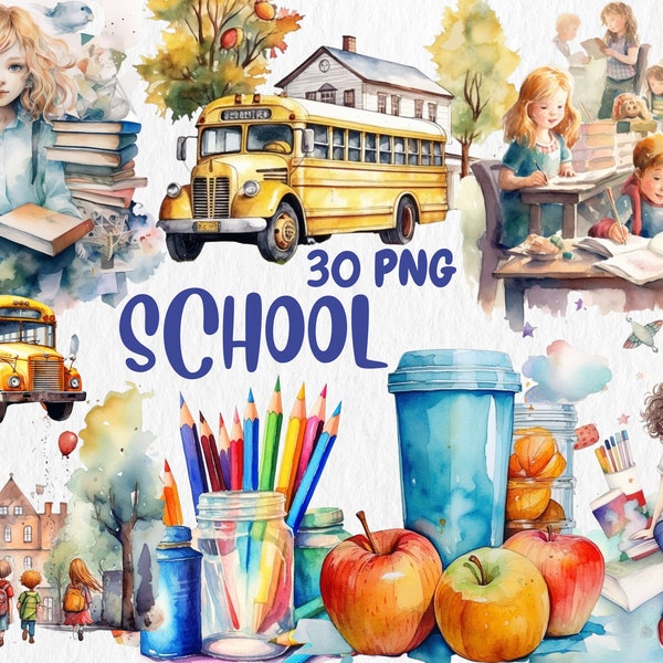 Watercolor School Clipart | Painted Back to School Clipart, Back to School Illustrations | PNG Graphics, Instant Download for Commercial Use