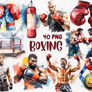 Akwarela Boks Clipart | Bokser, Rękawice Bokserskie, Worek Treningowy, Ring Bokserski, Ilustracje Sportowe | Natychmiastowe Pobieranie do Użytku Komercyjnego