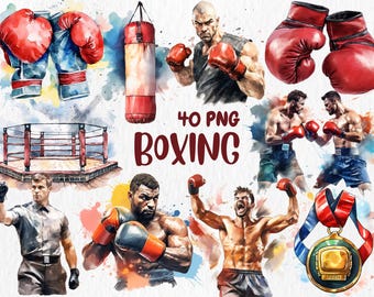 May include: Watercolor illustrations of boxing equipment and athletes. The image includes red boxing gloves, a punching bag, a boxing ring, and a gold medal. The text "40 PNG BOXING" is also present.