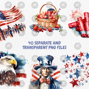 Watercolor 4th of July Clipart | American Flag, Independence Day, Uncle Sam Hat Illustrations | Instant Download for Commercial Use