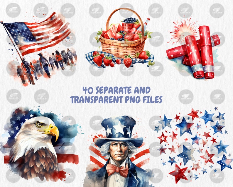 Watercolor 4th of July Clipart | American Flag, Independence Day, Uncle Sam Hat Illustrations | Instant Download for Commercial Use