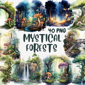 Clipart de Bosques Místicos en Acuarela / Ilustraciones de Bosques, Maravillas Místicas y Bosques Mejorados / Descarga Instantánea para Uso Comercial