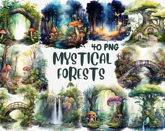 Watercolor Mystical Forest Clipart: 40 PNG Illustrations (Commercial Use)