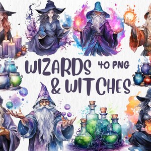 May include: Watercolour illustrations of wizards and witches with magical elements such as potions, candles, and orbs. The illustrations are in a whimsical style with vibrant colours and intricate details. The text "WIZARDS 40 PNG & WITCHES" is included in the image.