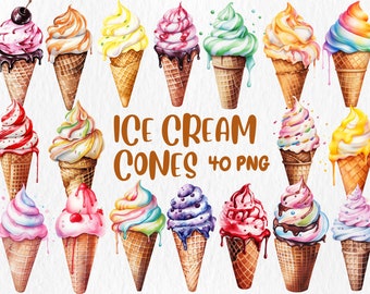 Watercolor Ice Cream Cones Clipart: Summer Dessert PNG (Commercial Use)