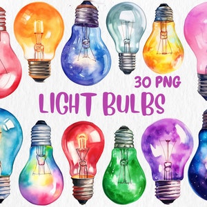 Clipart de Lâmpada em Aquarela | Ilustrações de Lâmpadas Coloridas, Luzes Coloridas, Gráficos PNG, Download Instantâneo para Uso Comercial