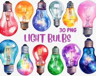 Watercolor Light Bulb Clipart: 30 Colorful PNG Graphics (Digital Download)