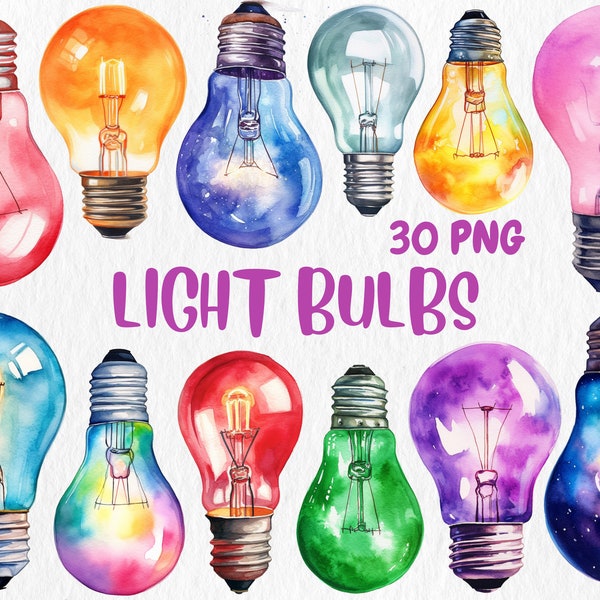 Ampoule aquarelle | Illustrations d'ampoules colorées, guirlandes lumineuses colorées, graphiques PNG, téléchargement immédiat pour usage commercial