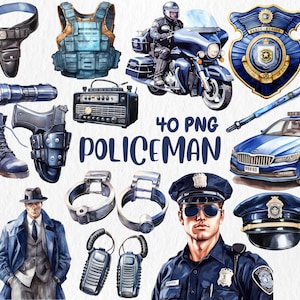 Watercolor Policeman Clipart | Police Car, Handcuffs, Police Officer, Baton, Holster Illustrations | Instant Download for Commercial Use