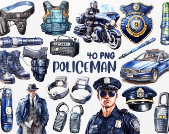 Watercolor Police Clipart | Officer, Car, Gear Illustrations (Instant Download)