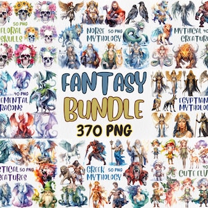 Watercolor Fantasy Clipart Bundle: Mystical Creatures, Skulls (370 PNG) (Digital Download)