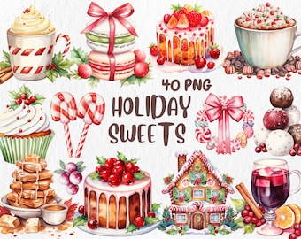 Watercolor Holiday Sweets Clipart | Christmas Pudding, Gingerbread House, Candy Cane Illustrations | Instant Download for Commercial Use