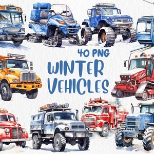 Clipart di veicoli invernali ad acquerello / Illustrazioni di camion spazzaneve, motoslitte, spargisale, gatti delle nevi / Download immediato per uso commerciale