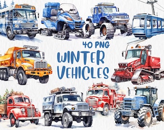 Watercolor Winter Vehicles Clipart: Snow Plow, Snowmobile (Instant Download)