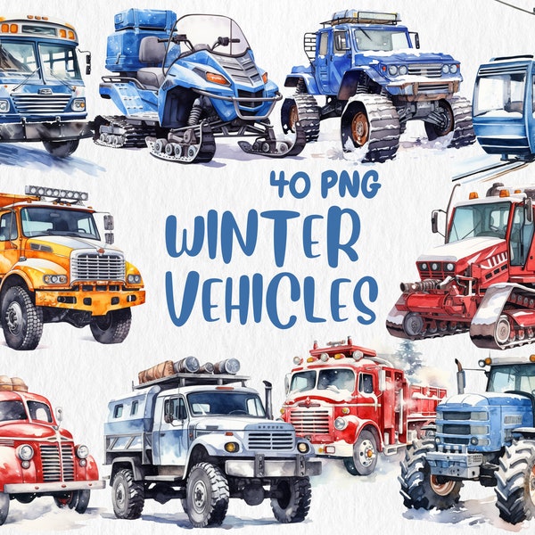 Watercolor Winter Vehicles Clipart | Snow Plow Truck, Snowmobile, Salt Spreader, Snowcat Illustrations | Instant Download for Commercial Use