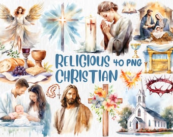Clipart cristiana ad acquerello: illustrazioni religiose (download immediato)