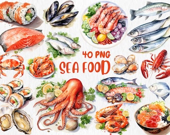 Imágenes prediseñadas de mariscos en acuarela: ilustraciones de langosta, cangrejo y camarón (uso comercial, descarga digital)