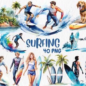 Watercolor Surfing Clipart: Beach, Surfboard, Palm Tree (Instant Download)