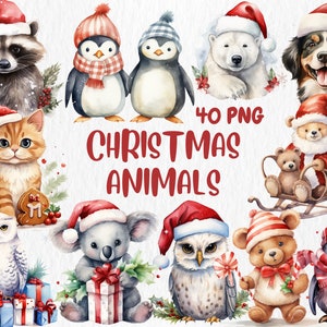 Imágenes prediseñadas de animales navideños en acuarela / Decoración navideña: ilustraciones de búho, conejo, gato, zorro, perro y ratón / Descarga instantánea, uso comercial