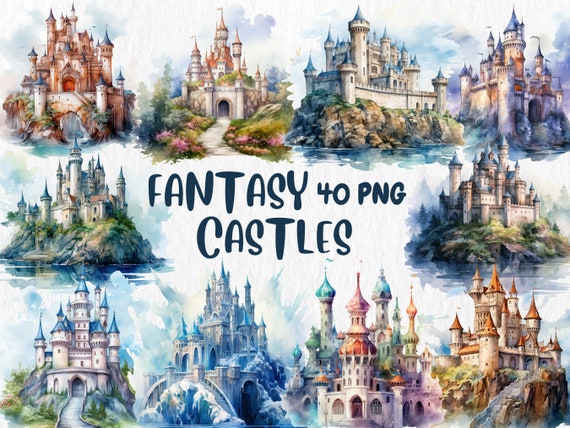 Watercolor Fantasy Castles Clipart: Fairy Tale Illustrations (Instant Download)
