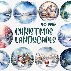 Watercolor Christmas Landscapes Clipart | Snowy Village, Frozen Lake, Snow-Covered Cabin Illustrations | Instant Download for Commercial Use