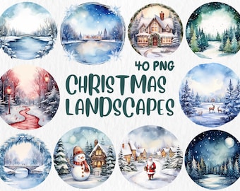 Watercolor Christmas Landscape Clipart: Snowy Village Illustrations (Digital Download)