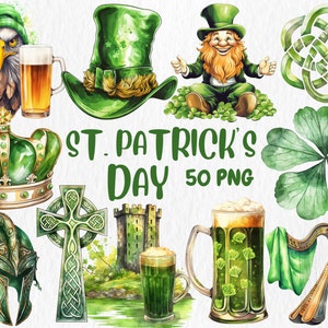 Aquarelle de la Saint-Patrick | Illustrations de lutin, trèfle, noeud celtique, vert irlandais | Téléchargement instantané pour une utilisation commerciale