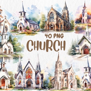 Clipart akwarelowy kościół | Clipart malowany kościół | Ilustracje budynków religijnych | Grafiki PNG | Natychmiastowe pobieranie do użytku komercyjnego