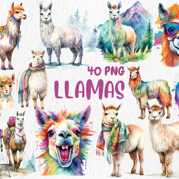 Watercolor Llamas Clipart | Cute Adorable Llama, Alpaca, Party Animal, Cactus Illustrations | Instant Download for Commercial Use