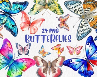 Watercolor Butterfly Clipart: 24 PNG Illustrations (Digital Download)