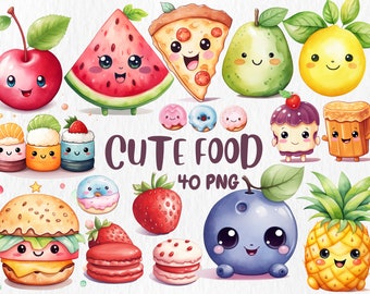 Aquarel kawaii voedsel clipart: 40 png-illustraties (digitale download)