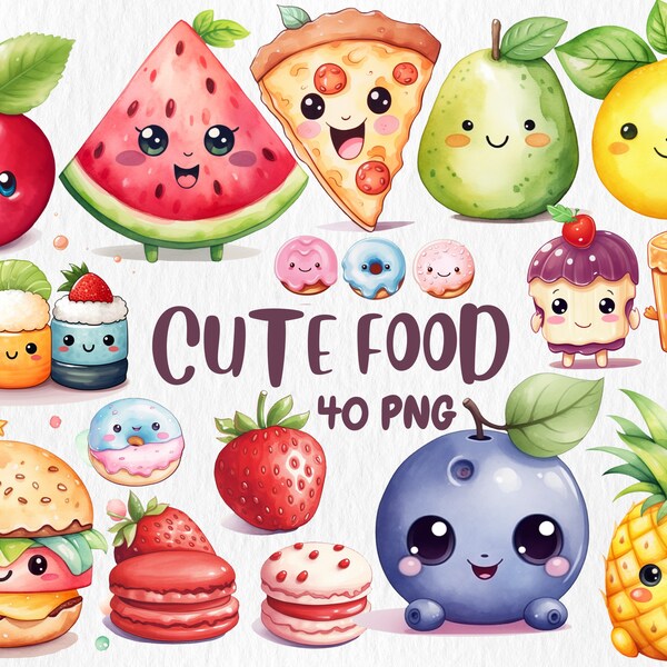 Clipart di cibo kawaii ad acquerello: 40 illustrazioni PNG (download digitale)