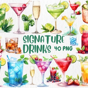 Watercolor Cocktails Clipart: Martini, Mojito, Margarita Illustrations (Commercial Use, Digital Download, PNG Files 10&quot;x10&quot;)