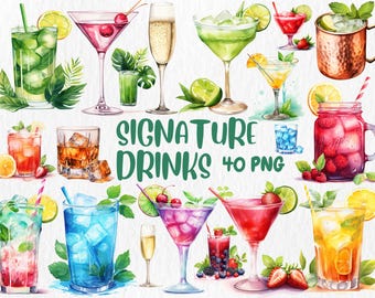 Watercolor Cocktail Clipart: Signature Drinks PNG Illustrations (Digital Download)