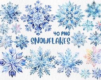 Watercolor Snowflakes Clipart | Blue Snowflakes, Snowflake PNG, Snow, Christmas Decor Illustrations | Instant Download for Commercial Use