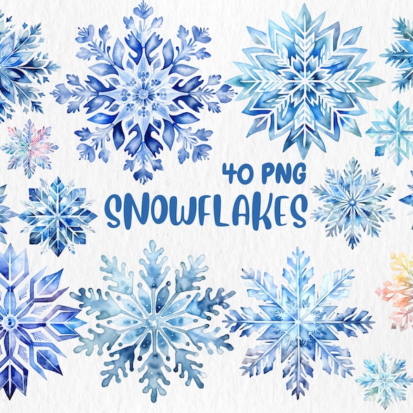 Watercolor Snowflakes Clipart | Blue Snowflakes, Snowflake PNG, Snow, Christmas Decor Illustrations | Instant Download for Commercial Use