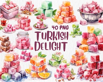 Watercolor Turkish Delight Clipart: 40 Sweets Illustrations (Digital Download)