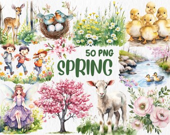 Watercolor Spring Clipart: Floral, Cherry Blossoms, Butterfly (PNG, Digital Download)