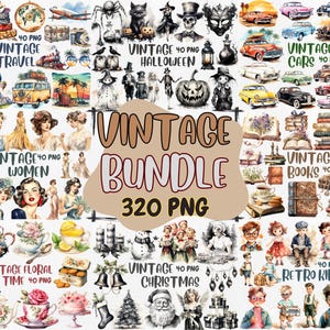 Watercolor Vintage Clipart Bundle | Travel, Retro Kids, Christmas, Halloween, Tea Time, Cars, Books, Women, Instant Download, Commercial Use